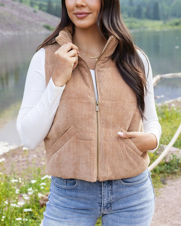 Grace and Lace Corduroy Puffer Vest in Camel