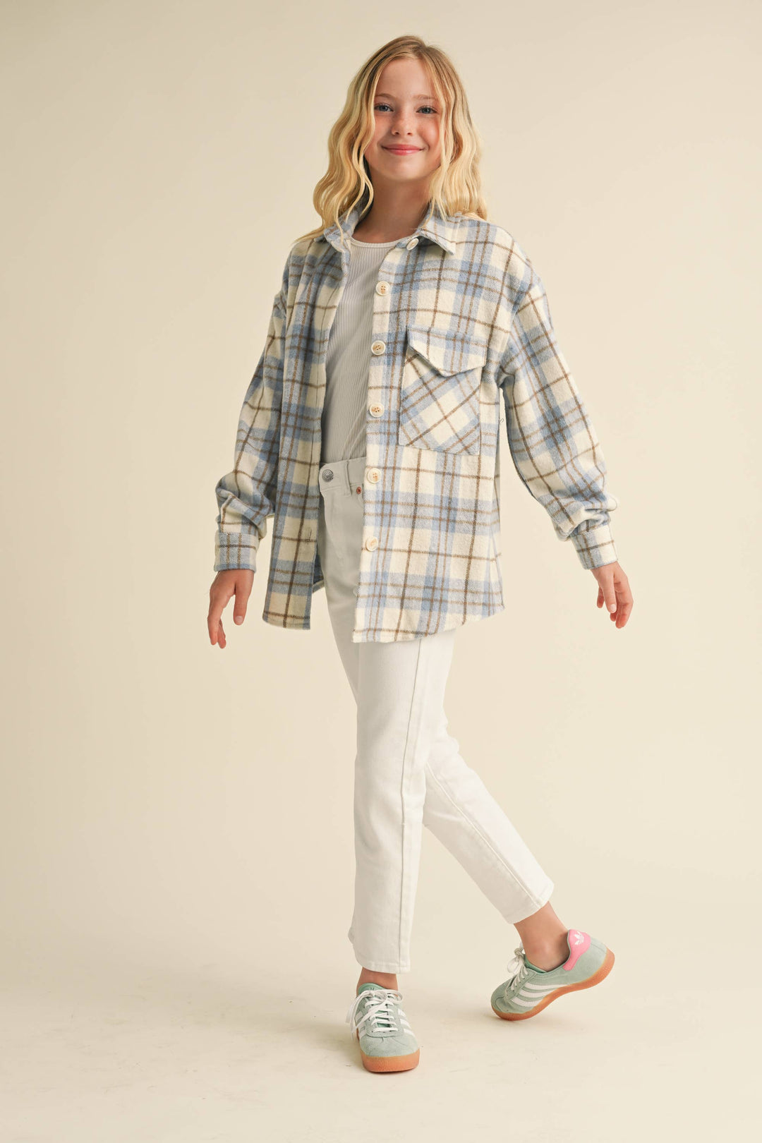 GIRLS BUTTON-UP PLAID SHACKET - Ivory/Lt. Blue