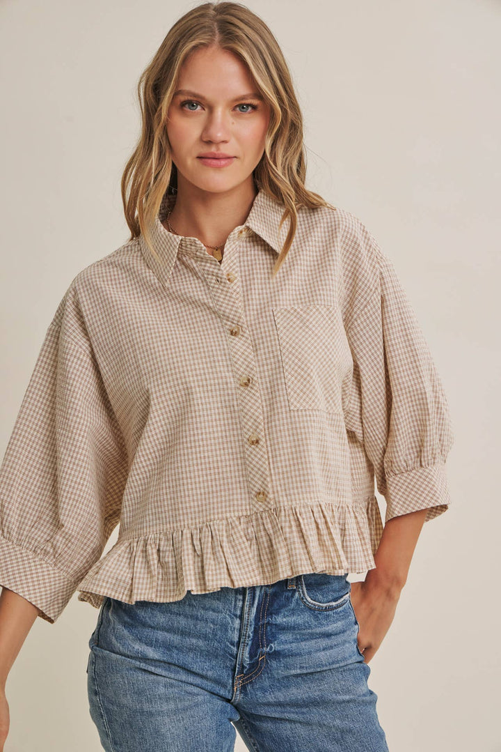 Sunday Stroll Gingham Ruffle Top - Olive