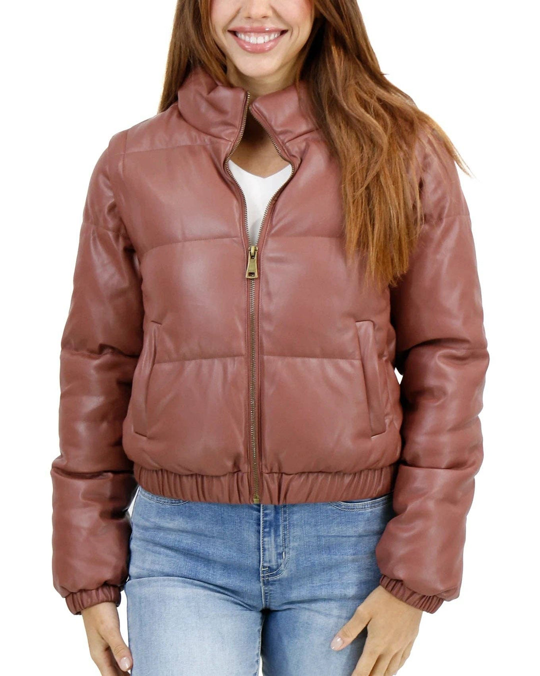 Grace and Lace Butter Faux Leather Puffer Jacket/Vest in Clay