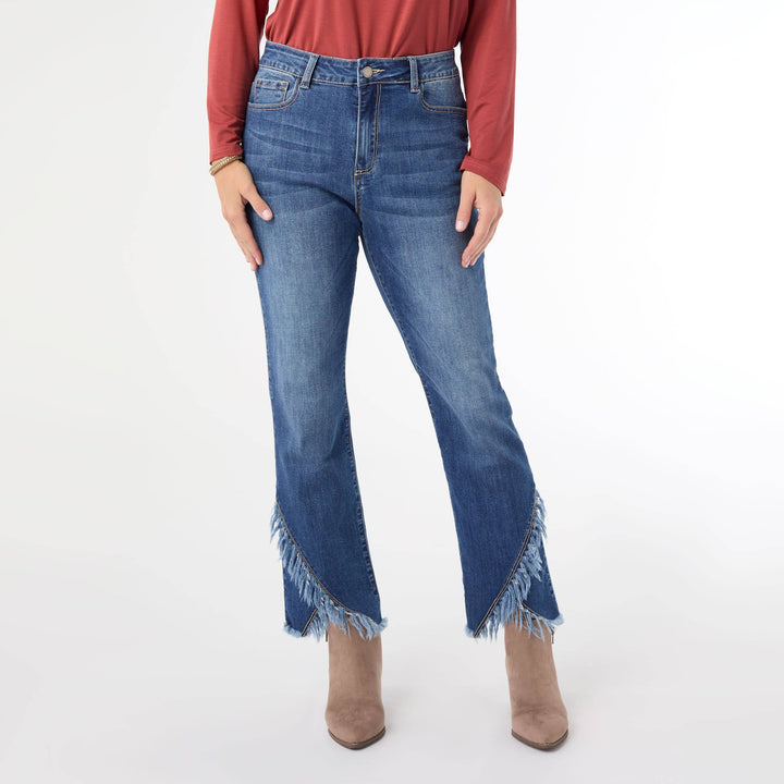 Bambu Soft Straight Ankle Jean with Crossover Fringe Bottom