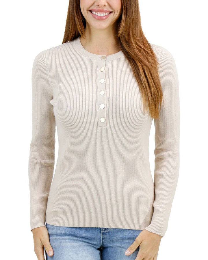 Grace and Lace Ribbed Henley Sweater in Oatmeal