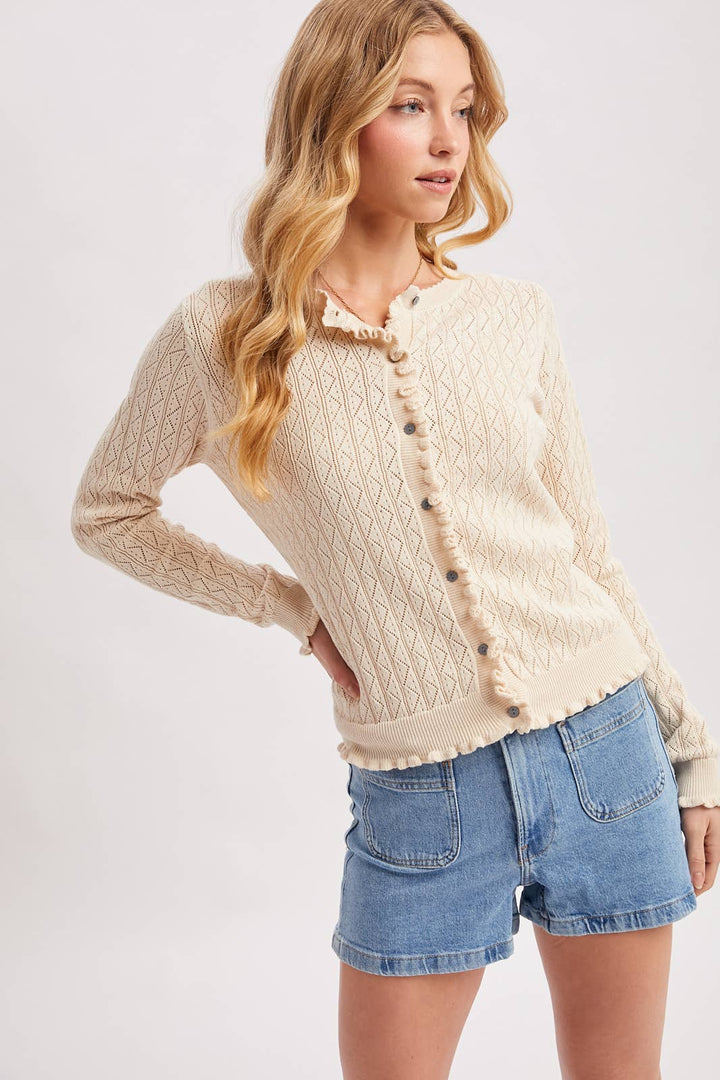 Pointelle Knit Button Down Cardi - Natural