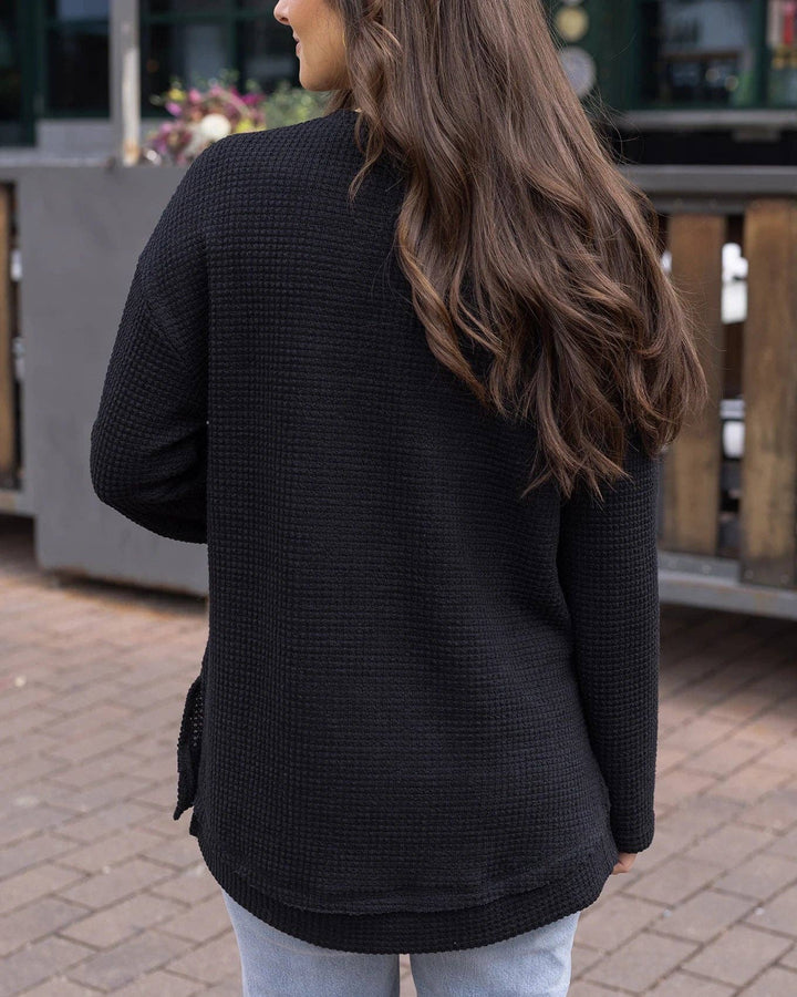 Slouchy Waffle Pullover in Black