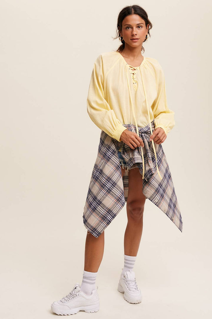 Lace-Up Gauze Peasant Blouse - Lemon Vanilla