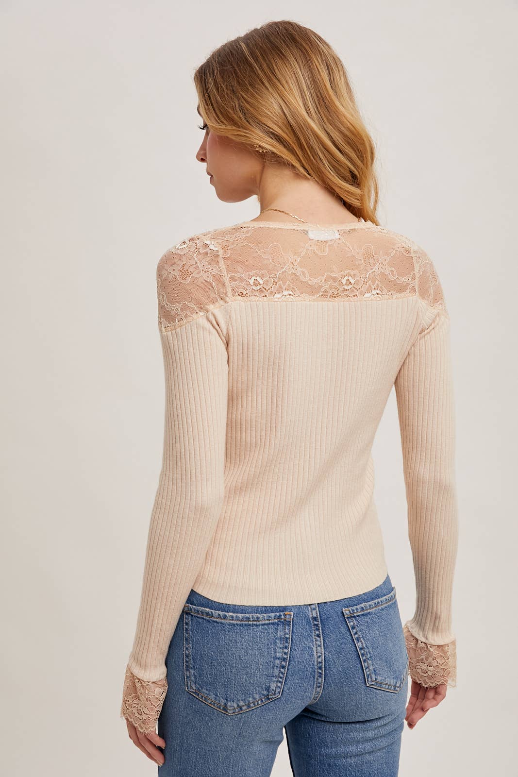 LACE TRIMMED BUTTON DOWN KNIT TOP