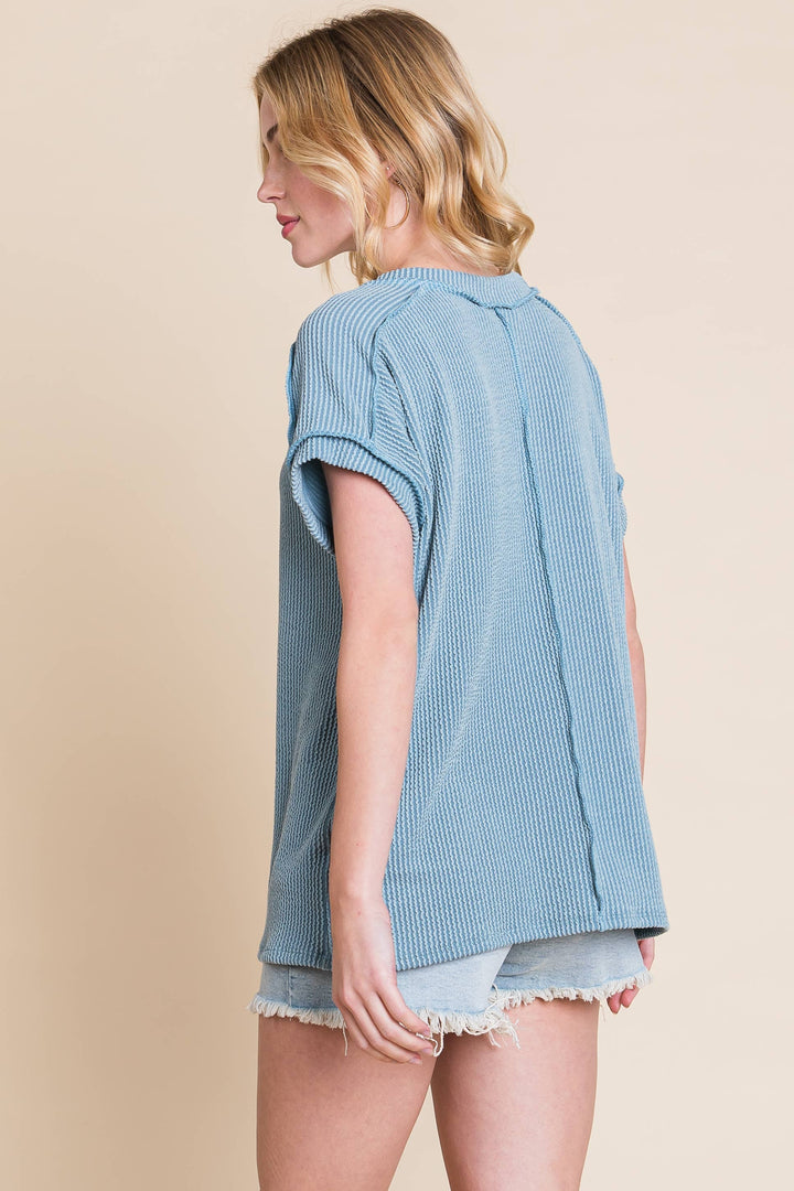 The Breezy Ribbed Knit Top - Denim