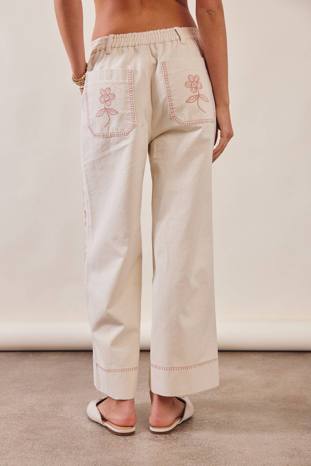 Floral Embroidered Cropped Ecru Wide-Leg Pants