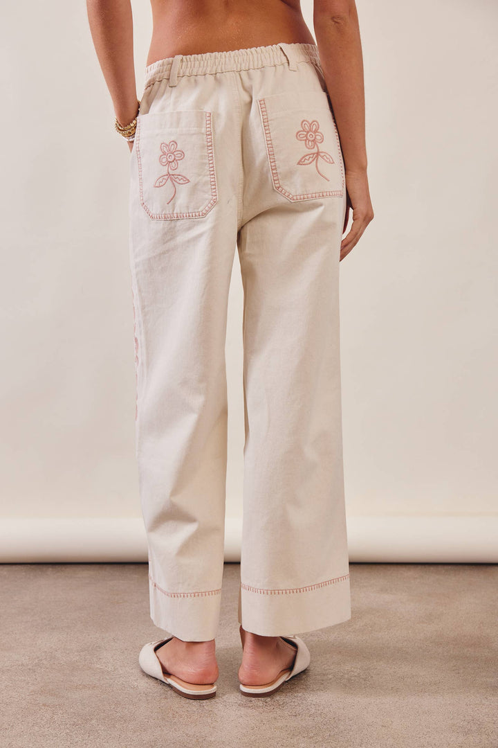 Floral Embroidered Cropped Ecru Wide-Leg Pants