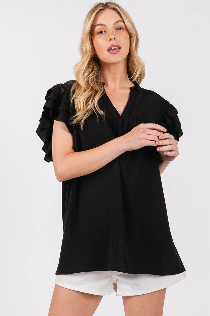 AIRFLOW OVERSIZED RUFFLE SLEEVE BLOUSE - BURGUNDY