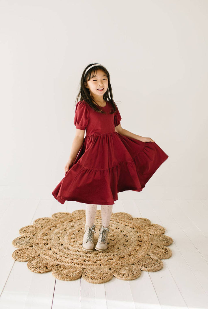 Girls' Puff Dress in Wine