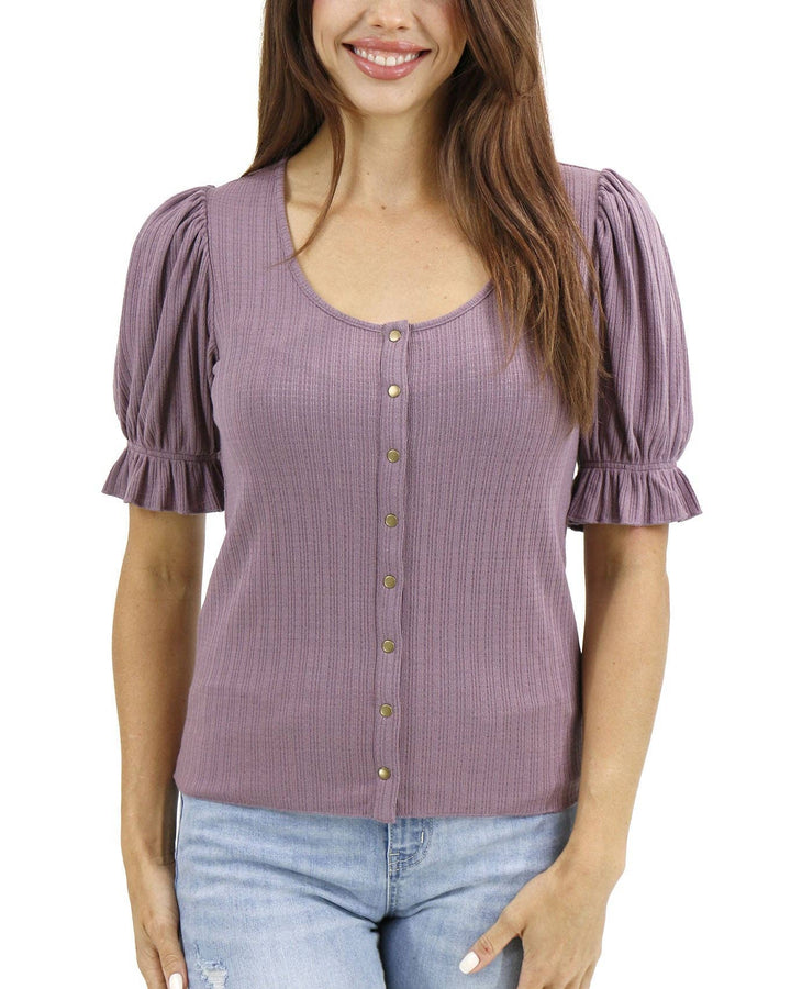Grace and Lace Scoop Neck Puff Sleeve Top In Mystic Purple