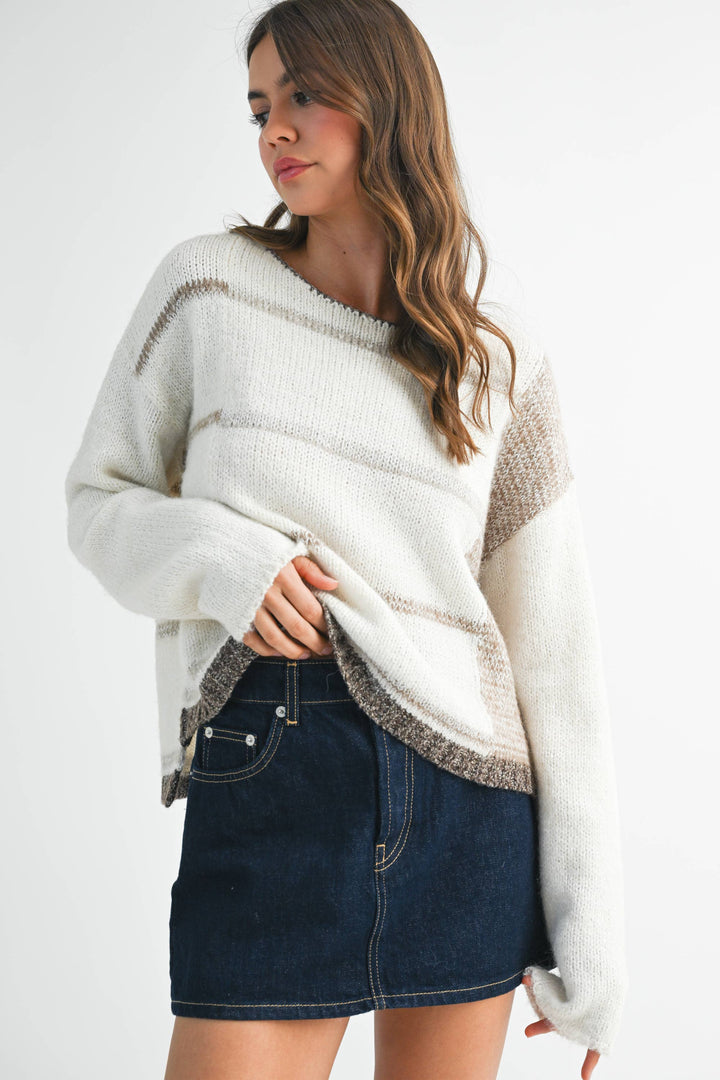 Mona Knit Stripe Pullover Sweater - White/Oat