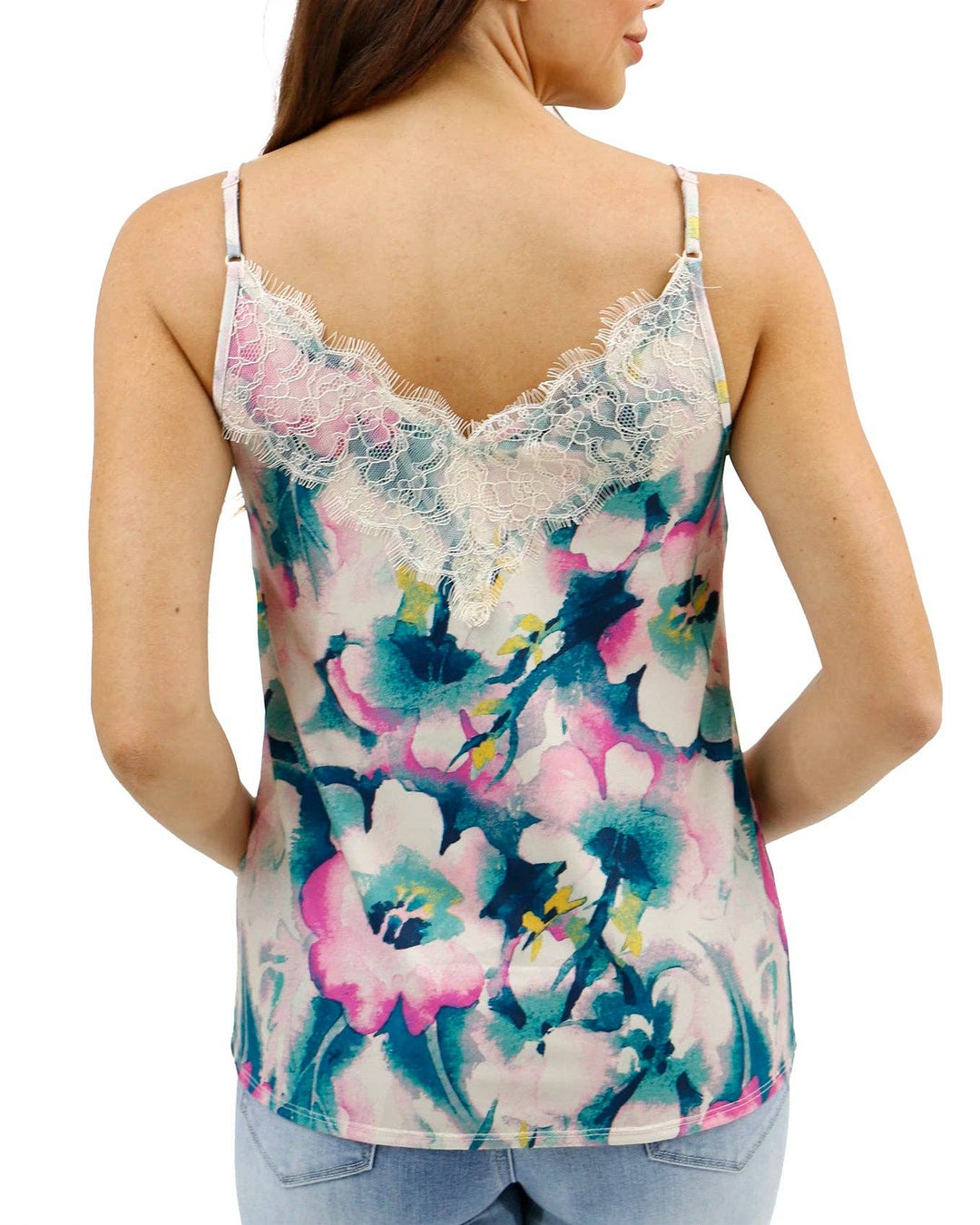 Button Lace Trim Cami in Watercolor Floral