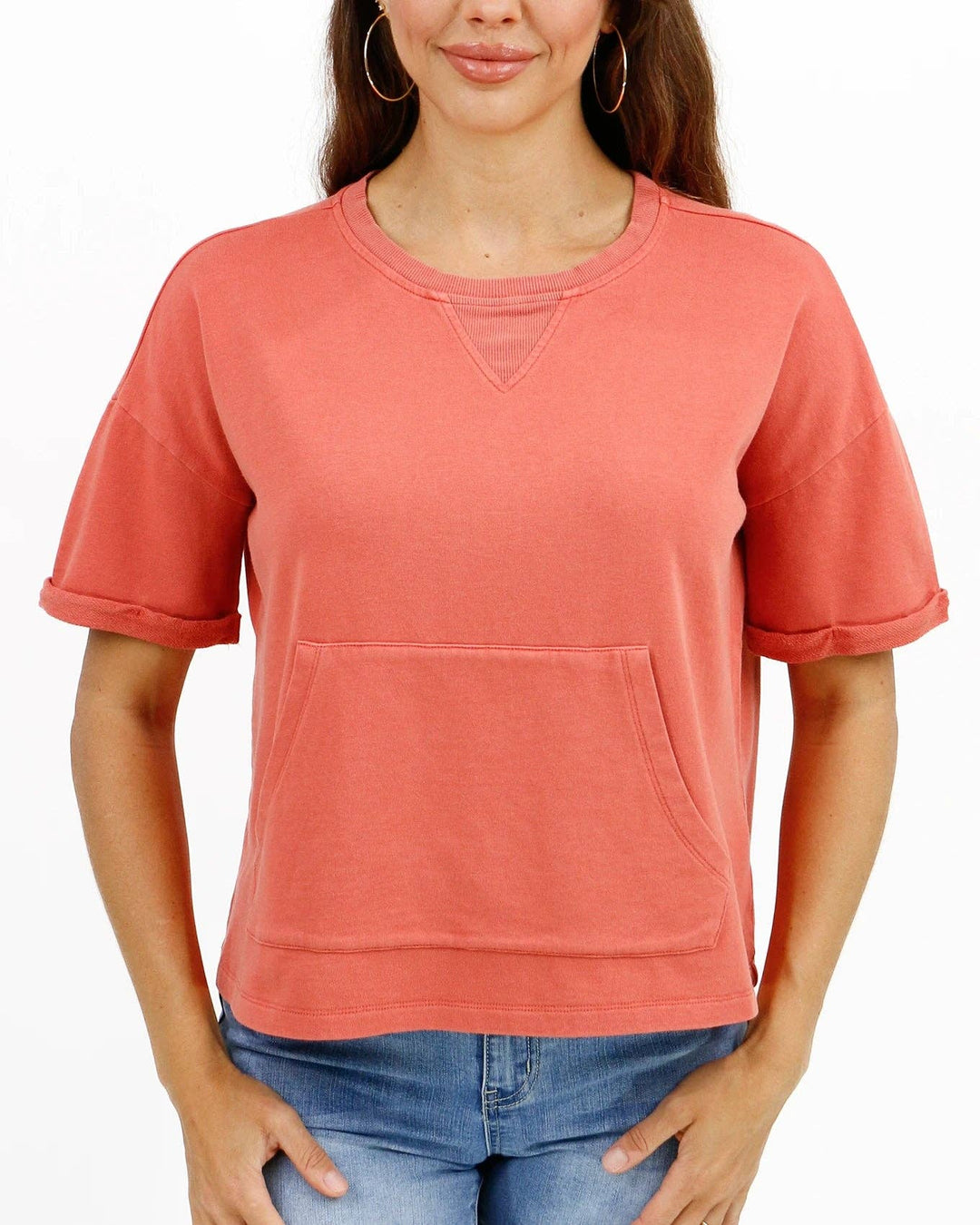 Grace and Lace Washed French Terry Short Sleeve Sweatshirt in Washed Coral