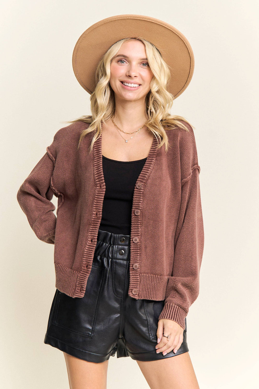 Knit Happens Button-Up Cardigan - Brown