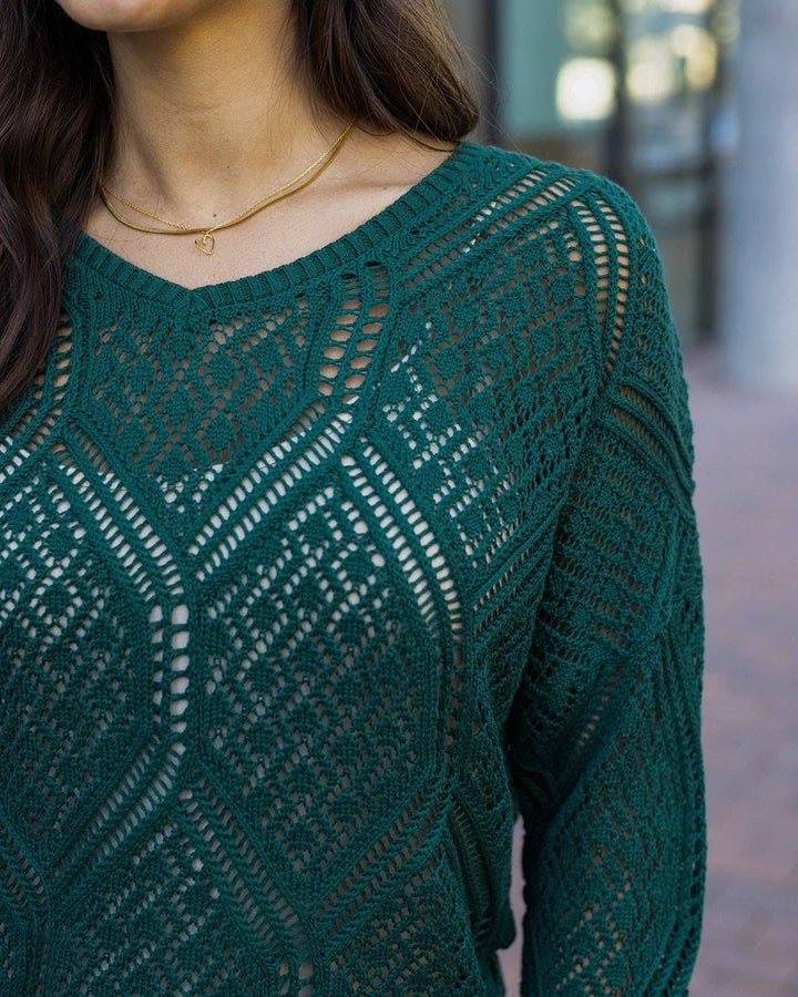 V-Neck Pointelle Sweater in Jade Green