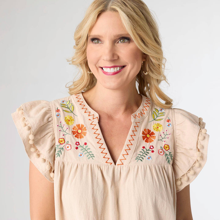 Freya Embroidered Dress with Flutter Sleeve