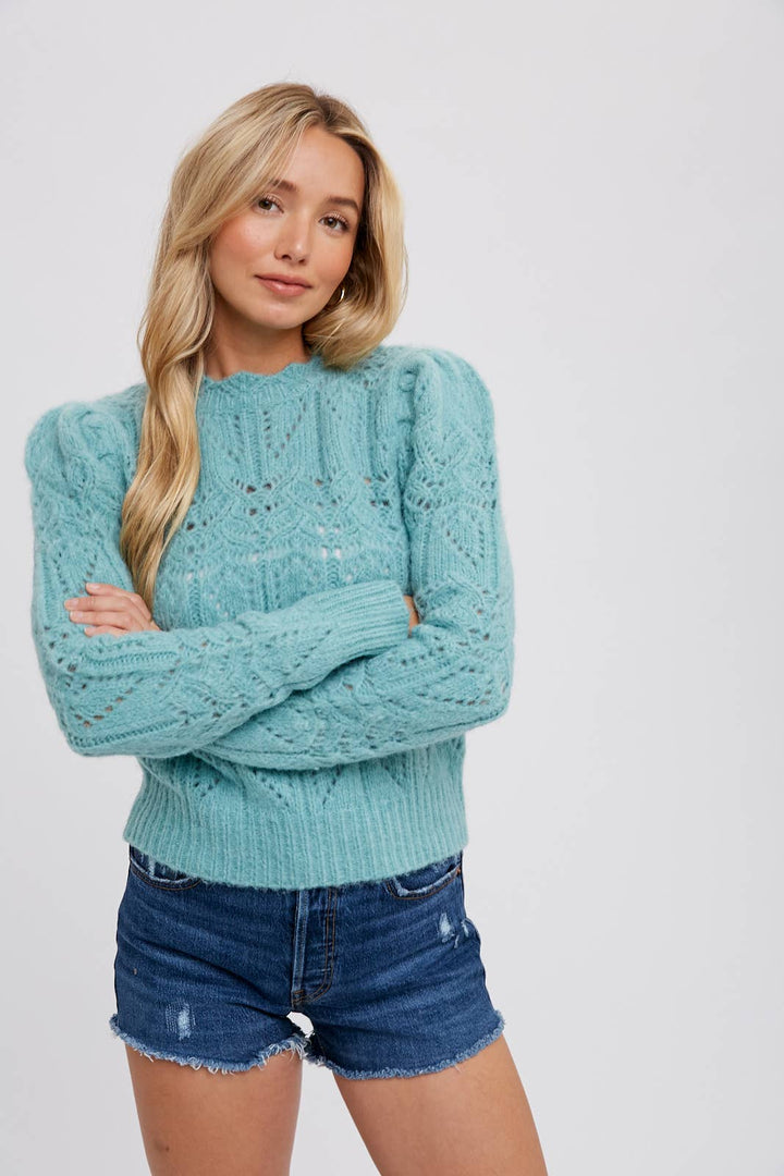 PUFF SLEEVE POINTELLE PULLOVER - Mint