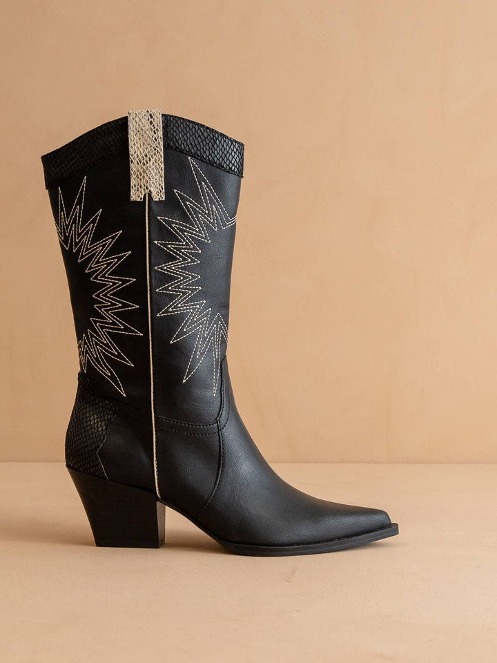 The Halle Black | Paneled Cowboy Western Boot Snake Print