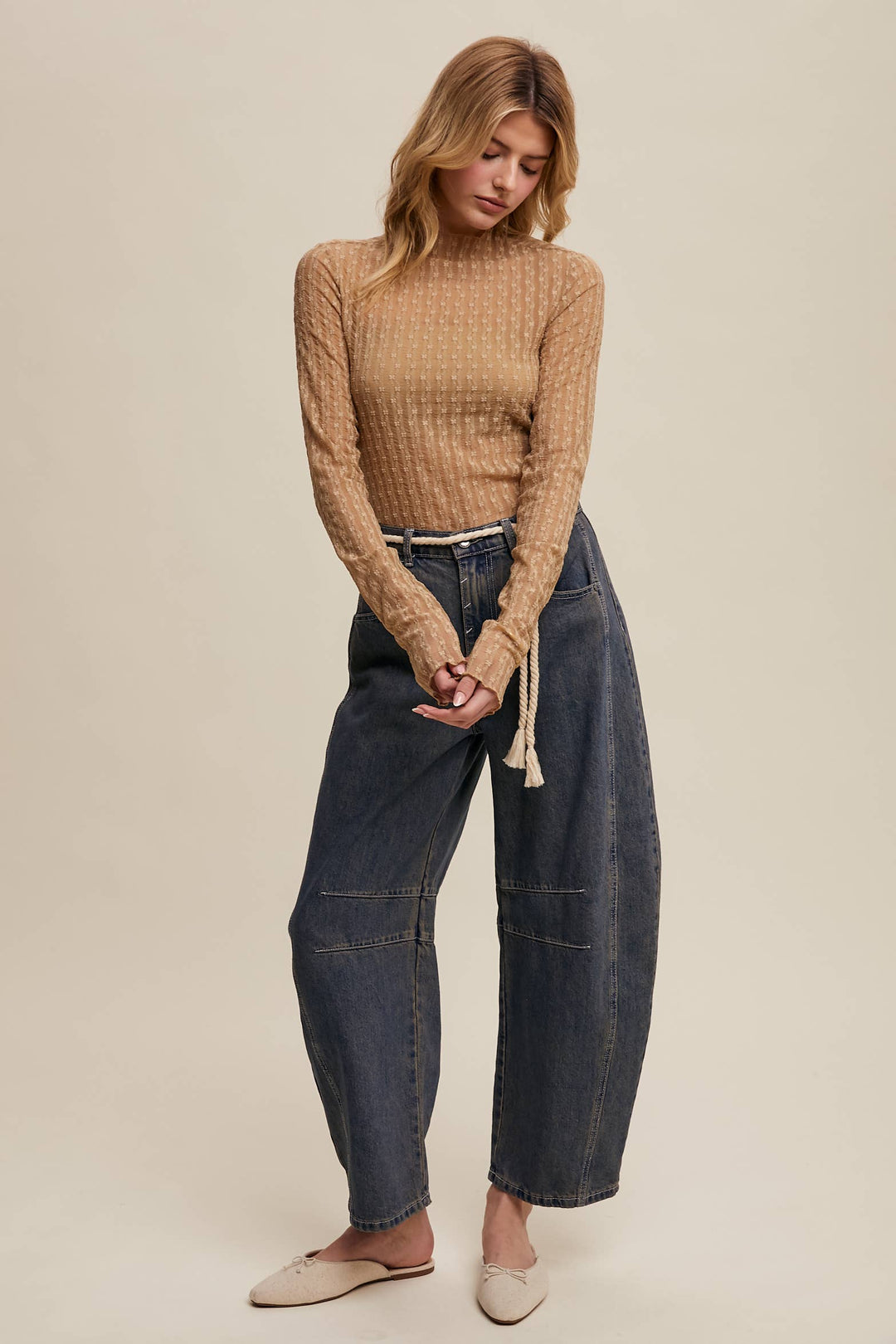 Semi Sheer Textured Lace Layering Top - Tan