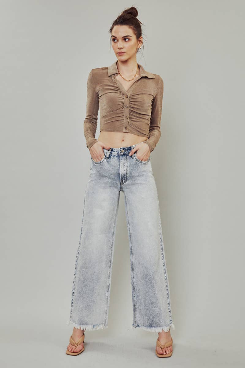 KanCan High Rise Wide Leg Frayed Hem Jeans - Light Wash