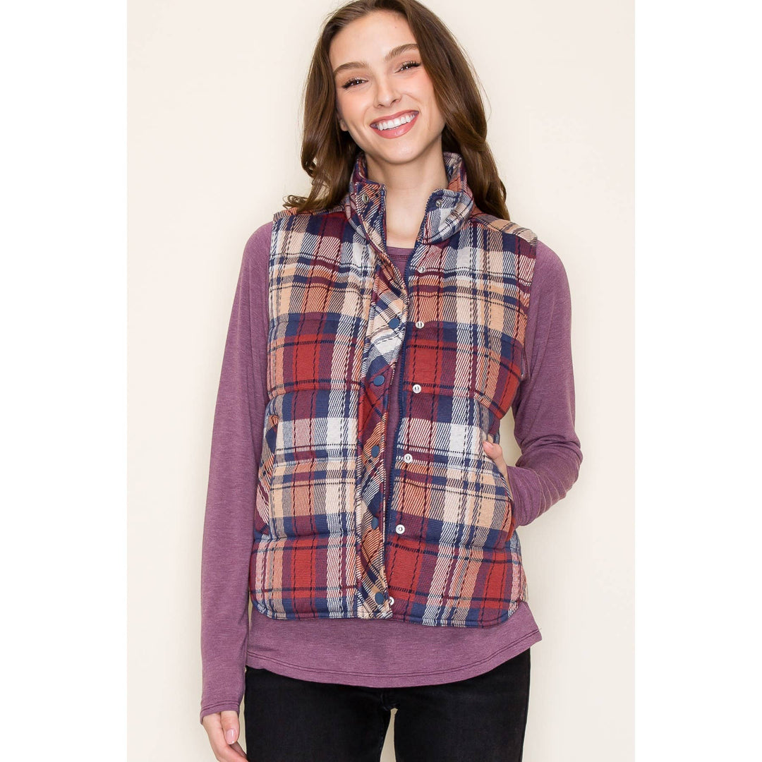 Jacquard Plaid Padded Vest in Scarlet