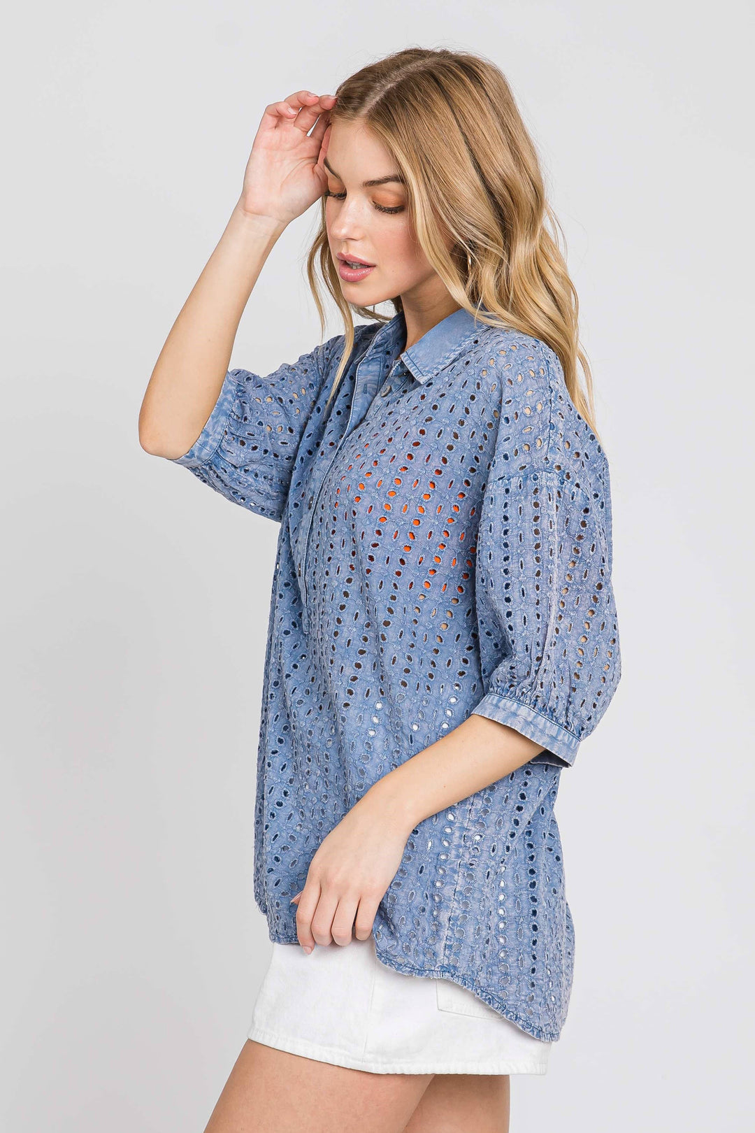 Cotton Eyelet Washed Top - 2 colors (Pink/Blue)