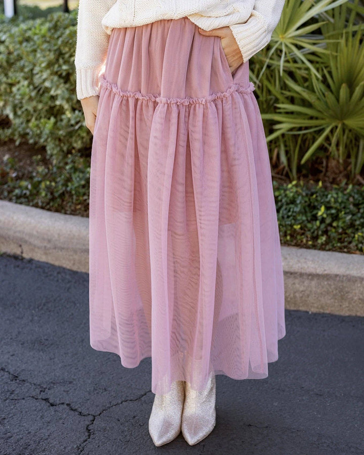 Mesh Tiered Maxi Skirt in Blush