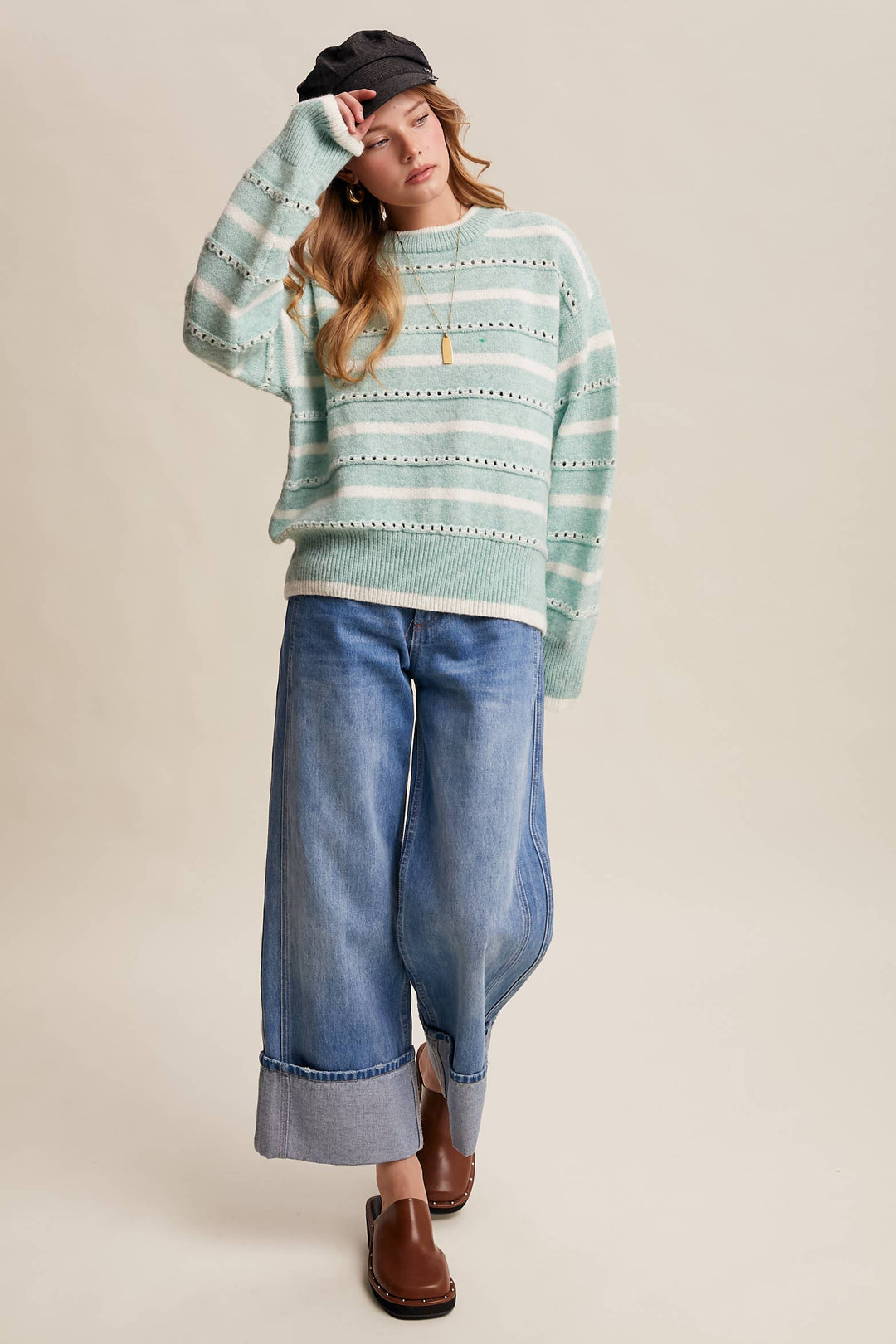 Striped Open-Stitch Pullover Sweater in Light Coral