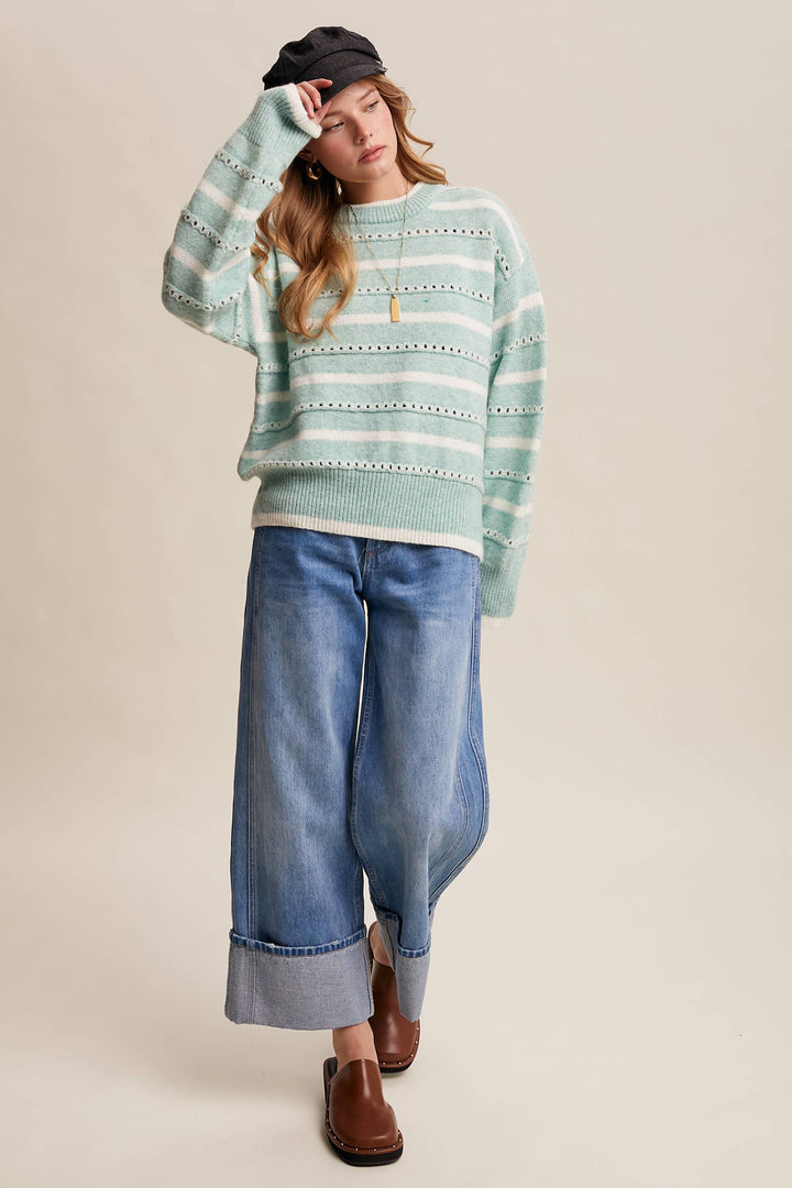 Striped Open-Stitch Pullover Sweater in Light Coral