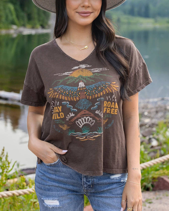 Relaxed Fit V-Neck Graphic Tee - Roam Free