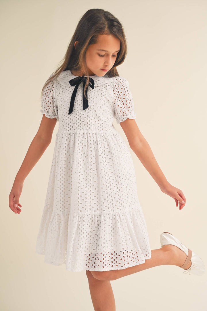 GIRLS EYELET DRESS WITH PUFF SLEEVES