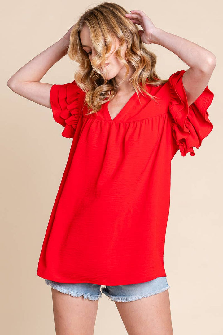 AIRFLOW OVERSIZED RUFFLE SLEEVE BLOUSE - BURGUNDY