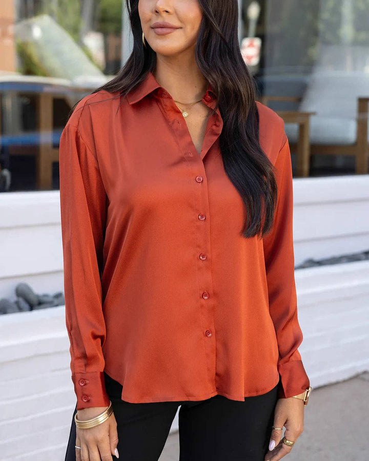 Satin Button Down Top In Rust