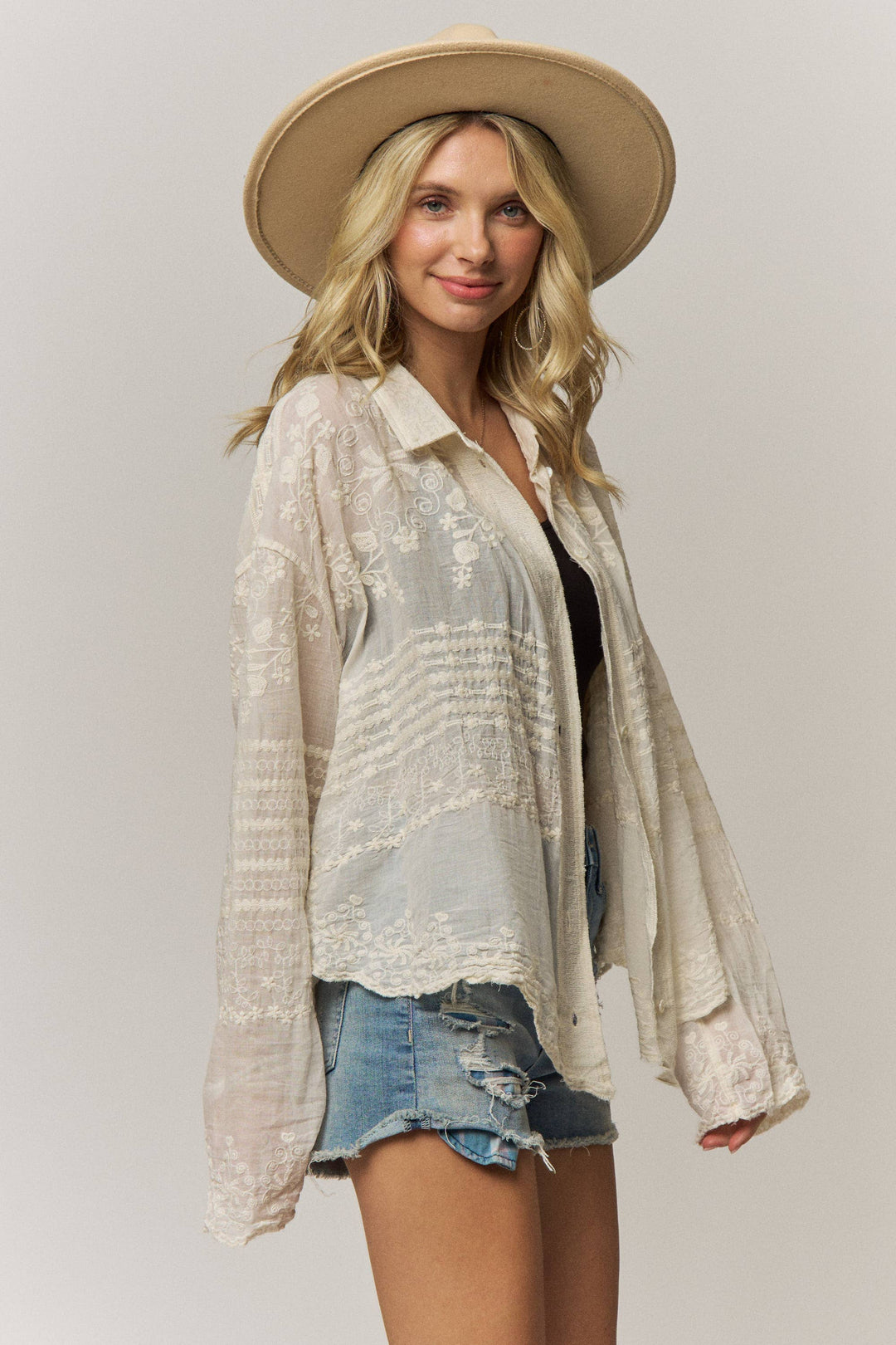 Wildflower Whispers Embroidered Sheer Button-Down