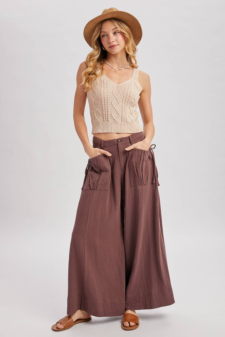 Patch Pocket Wide Leg Drawstring Pant - Mocha