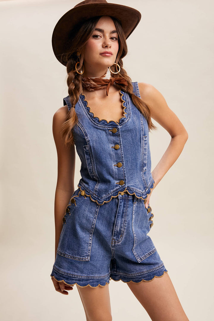 Scallop Trim Stretch Denim Vest