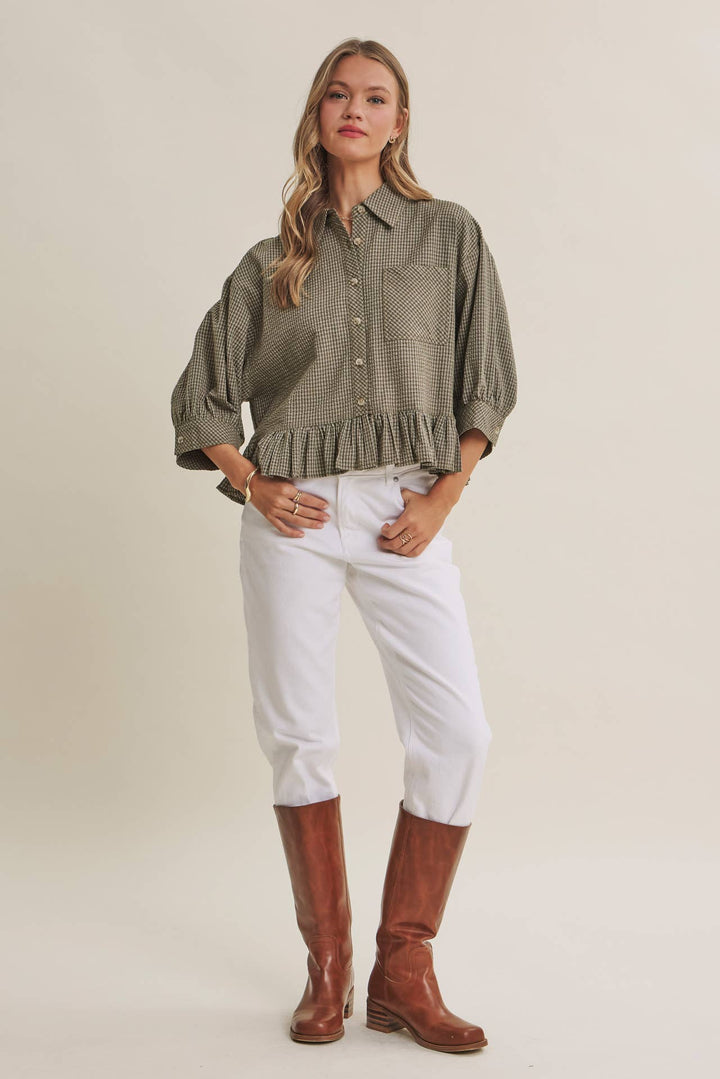 Sunday Stroll Gingham Ruffle Top - Olive