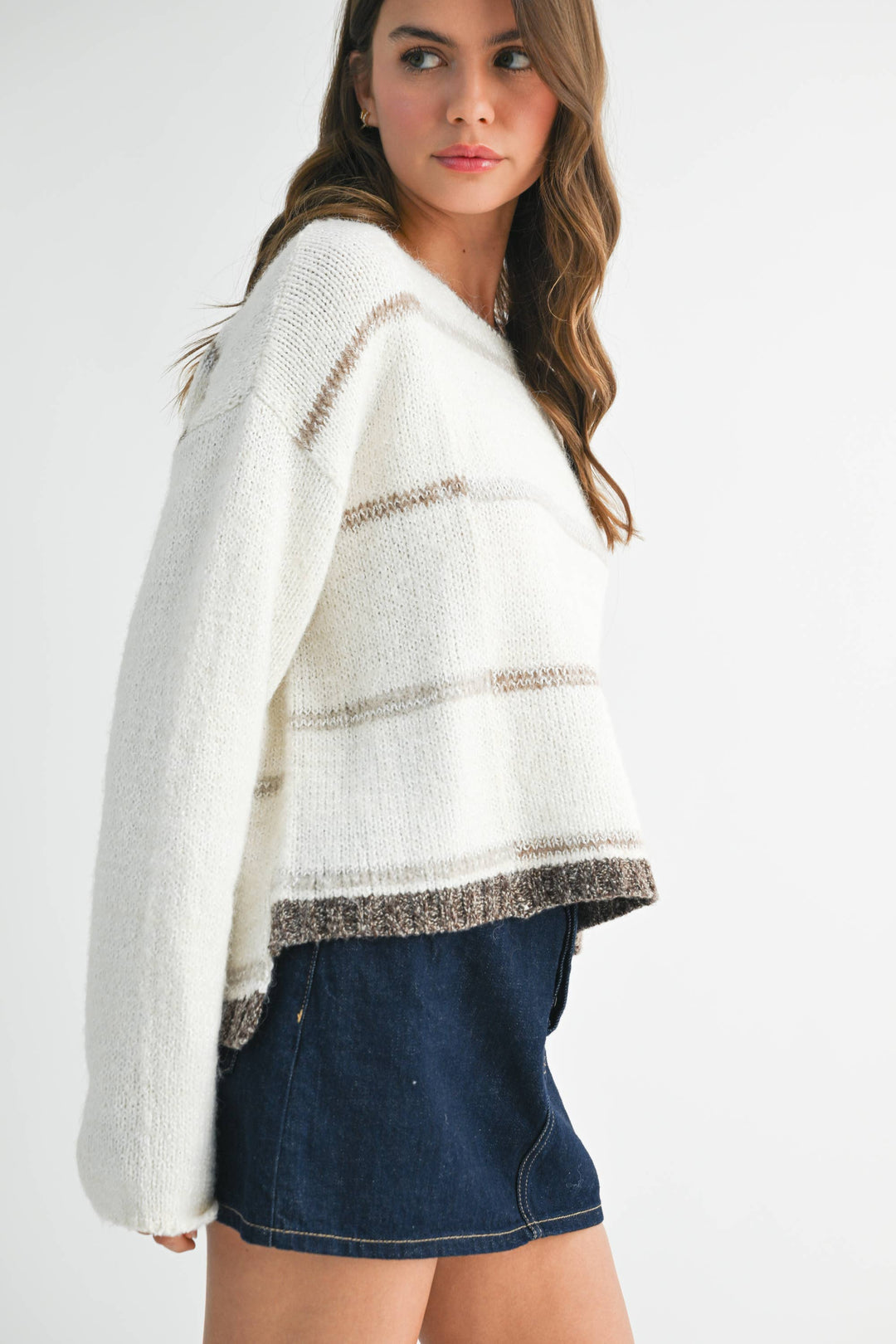 Mona Knit Stripe Pullover Sweater - White/Oat