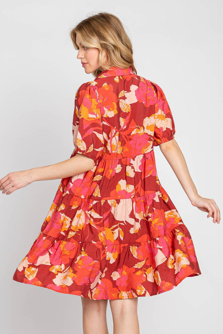 Vibrant Printed Puff Sleeve Tiered Dress
