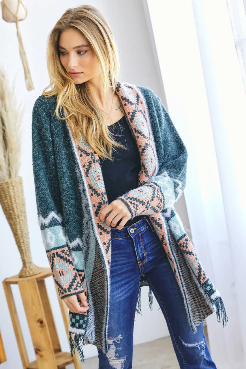 Davi & Dani  TRIBAL AZTEC PRINT LONG SLEEVE CARDIGAN- Sage