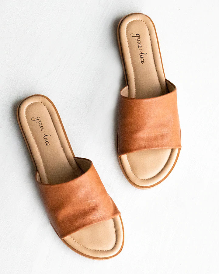 Grace and Lace Faux Leather Slides - Saddle