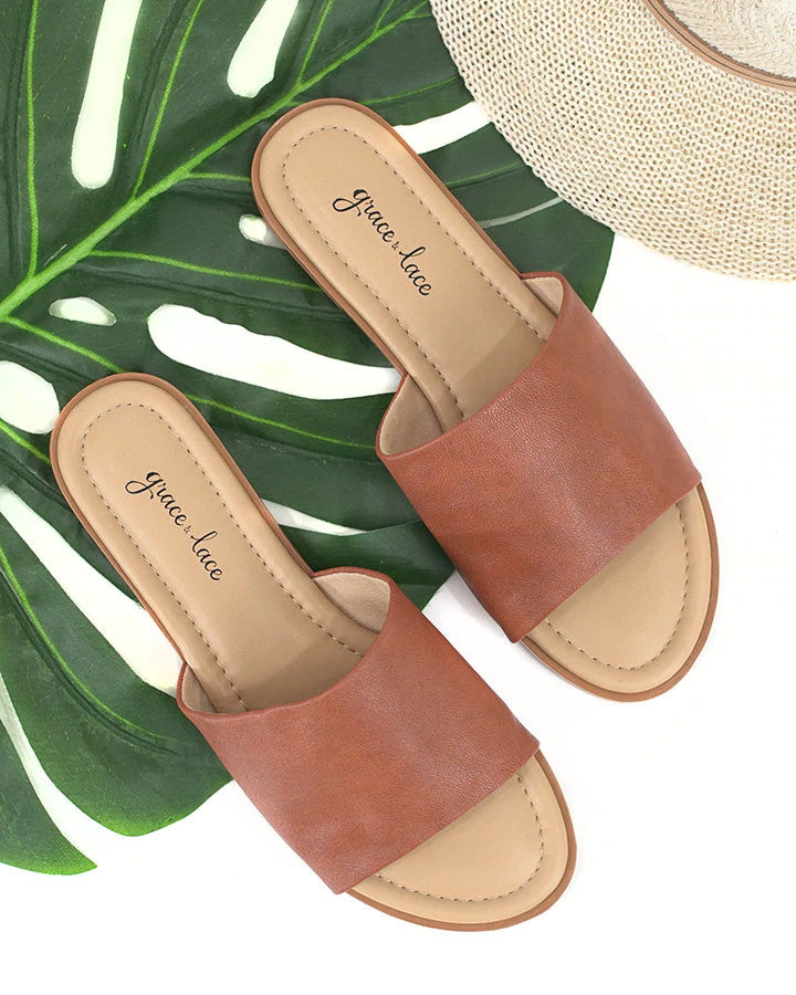 Grace and Lace Faux Leather Slides - Saddle