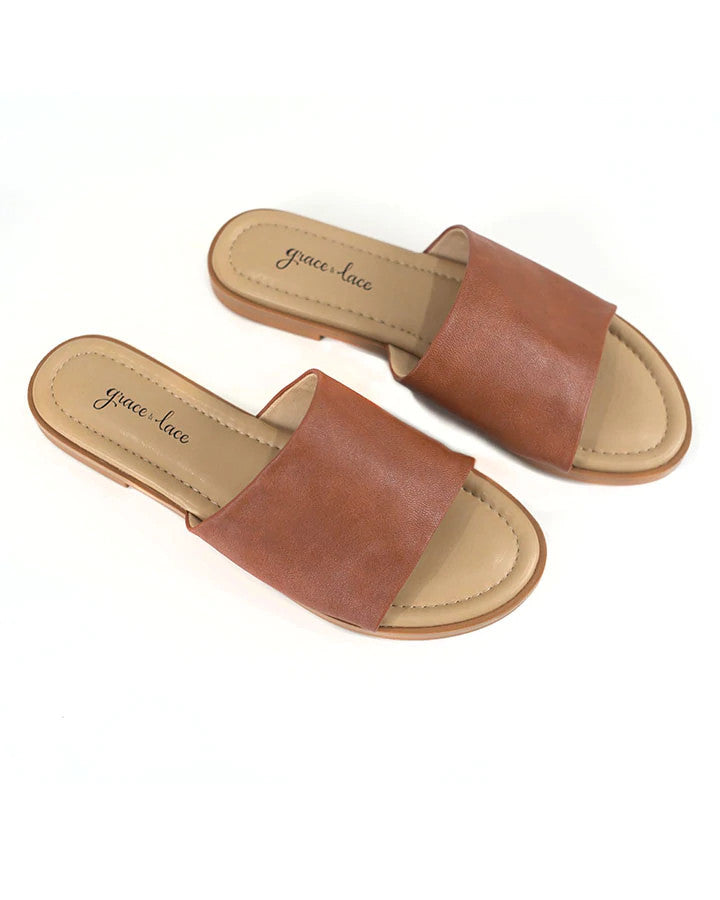 Grace and Lace Faux Leather Slides - Saddle