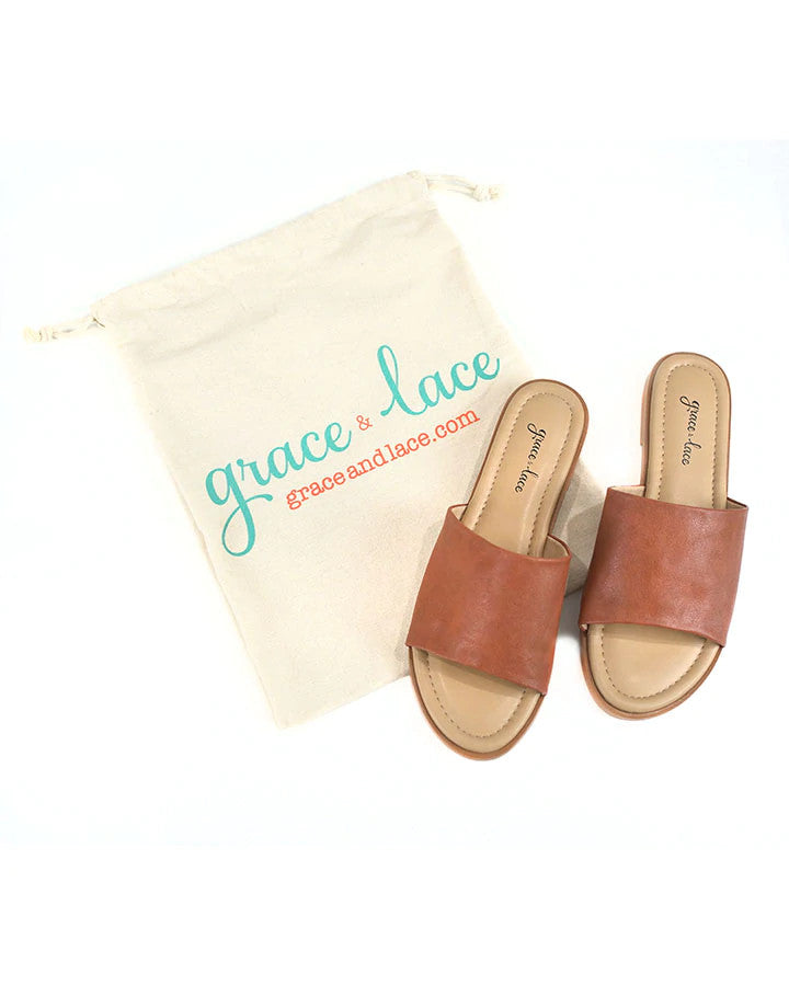 Grace and Lace Faux Leather Slides - Saddle