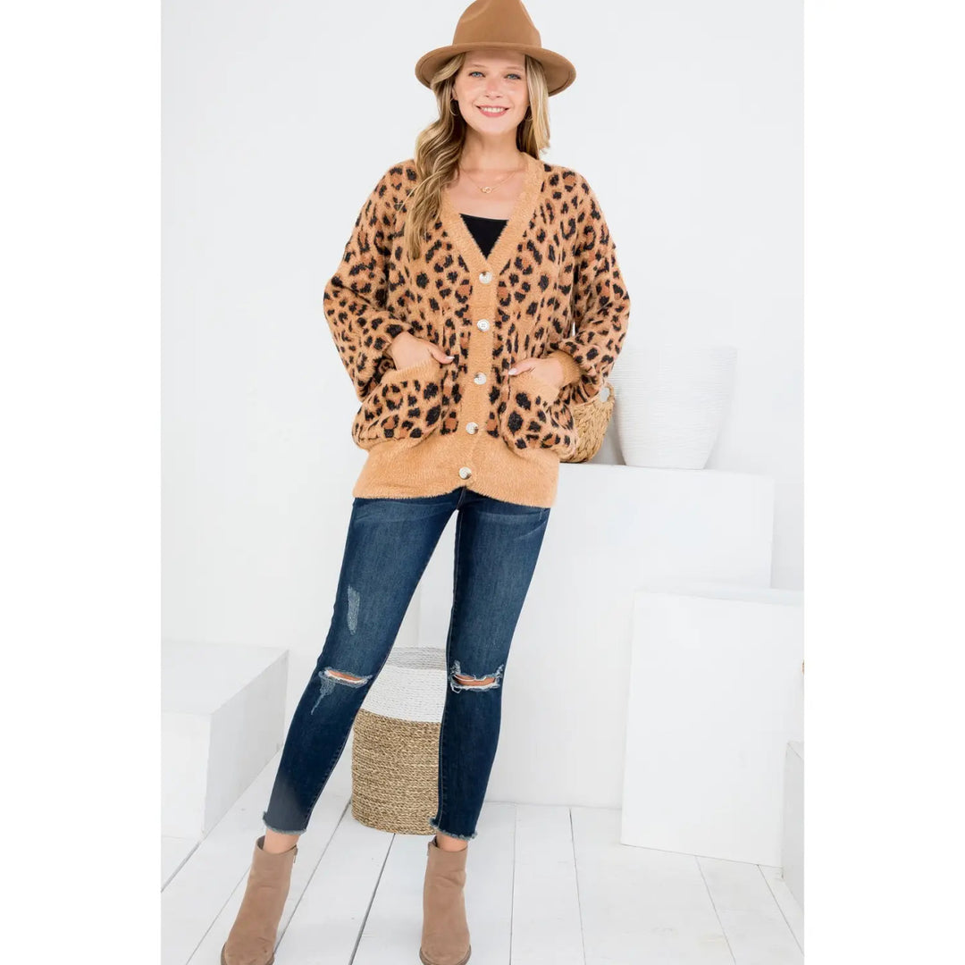 FURRY LEOPARD PATTERN BUTTON DOWN CARDIGAN