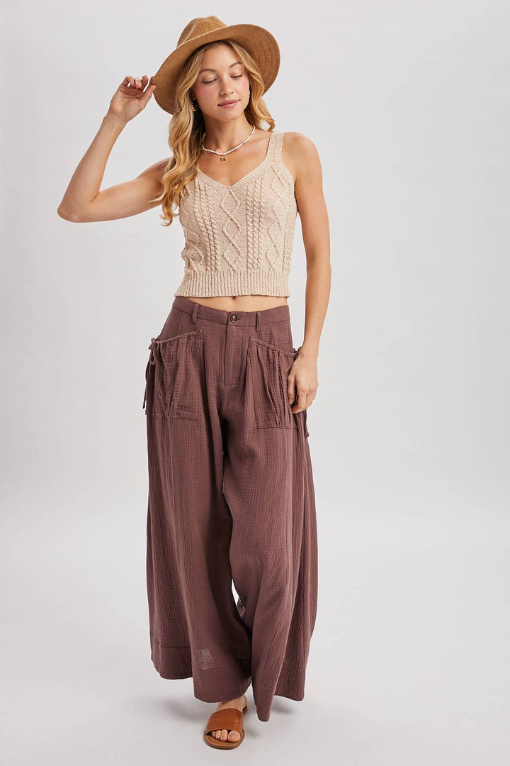 Patch Pocket Wide Leg Drawstring Pant - Mocha