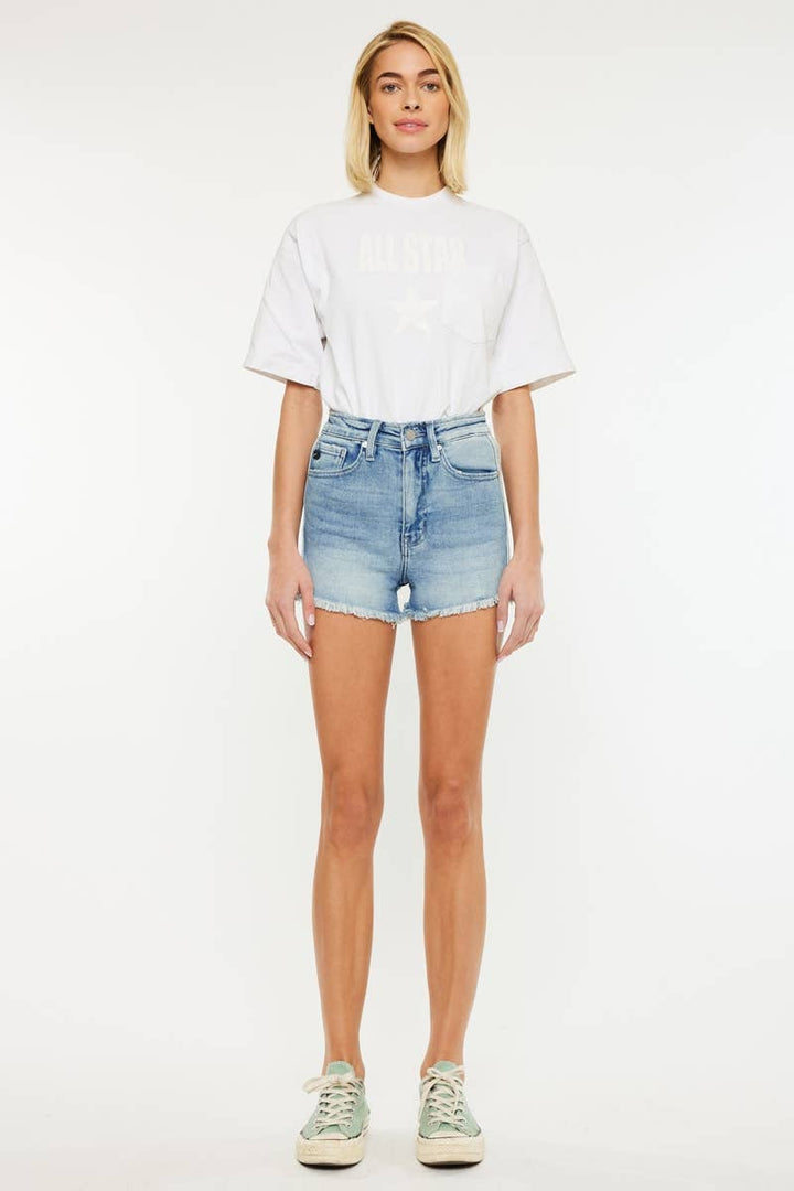 KANCAN HIGH RISE SIDE CONTRAST DENIM SHORTS Medium Wash