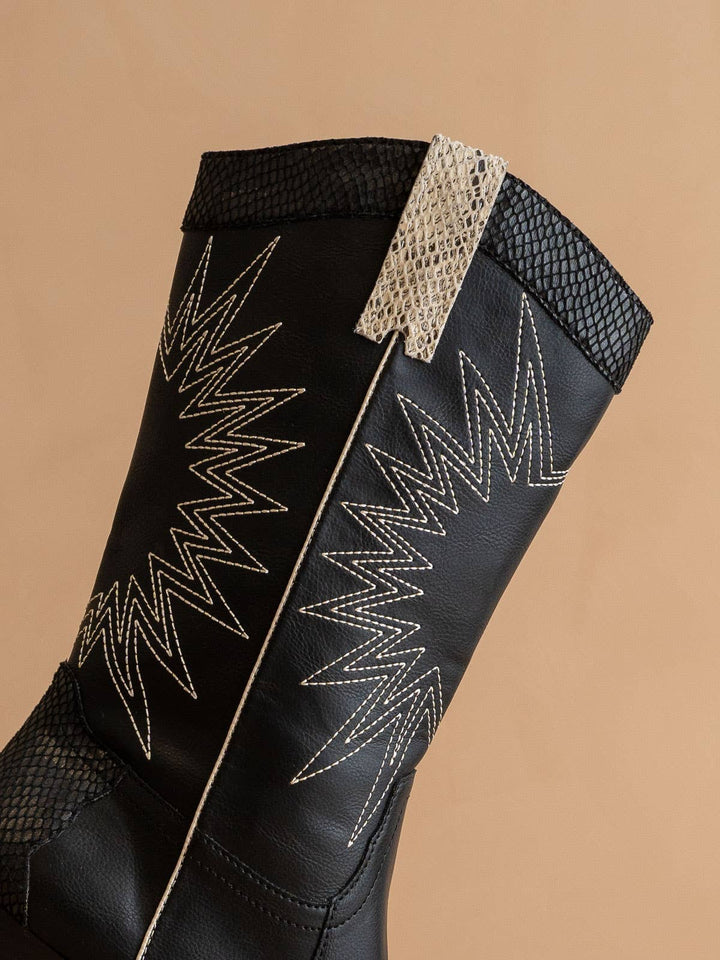 The Halle Black | Paneled Cowboy Western Boot Snake Print